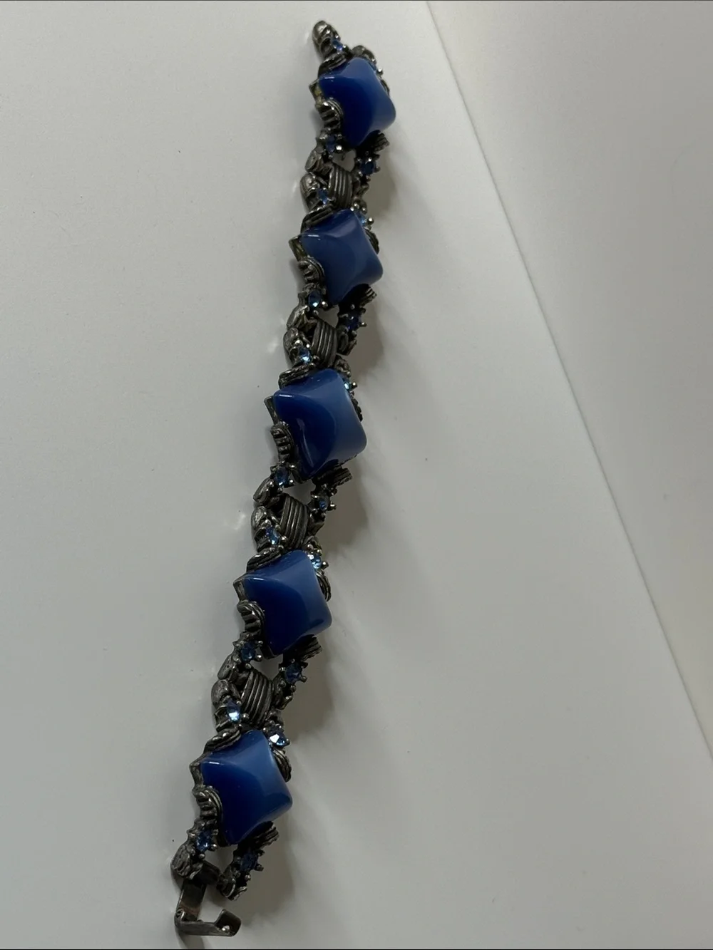 Blue diamond shape moonglow rhinestone chunky gunmetal Vintage Bracelet art deco